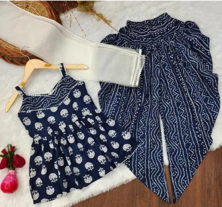 Printed Cotton Top Straps dhoti With Dupatta Set For Kids Girls dhoti kurti dresses. 260927268