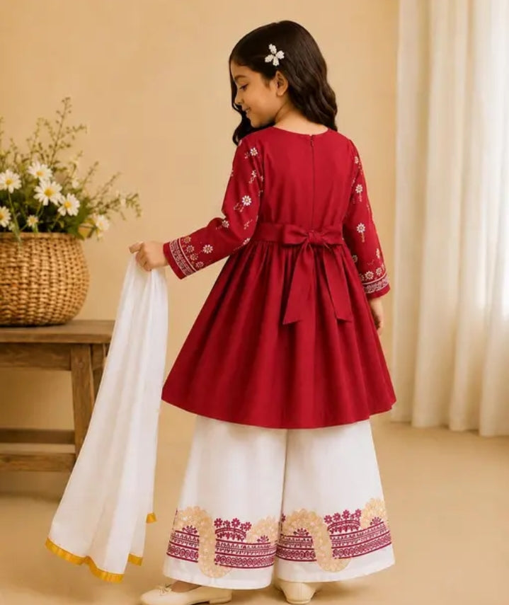 Premium Kids Girls Cotton Bandhani Print Kurti Sharara Set With Net/Cotton Dupatta | Fancy Ethnic Suit Combo Set. 1032494768