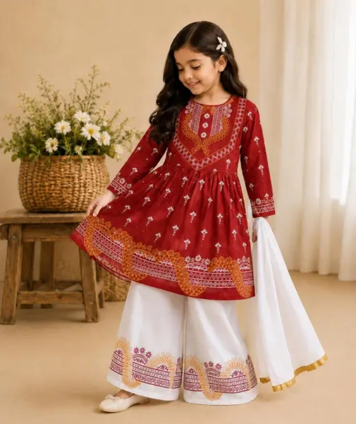 Premium Kids Girls Cotton Bandhani Print Kurti Sharara Set With Net/Cotton Dupatta | Fancy Ethnic Suit Combo Set. 1032494768