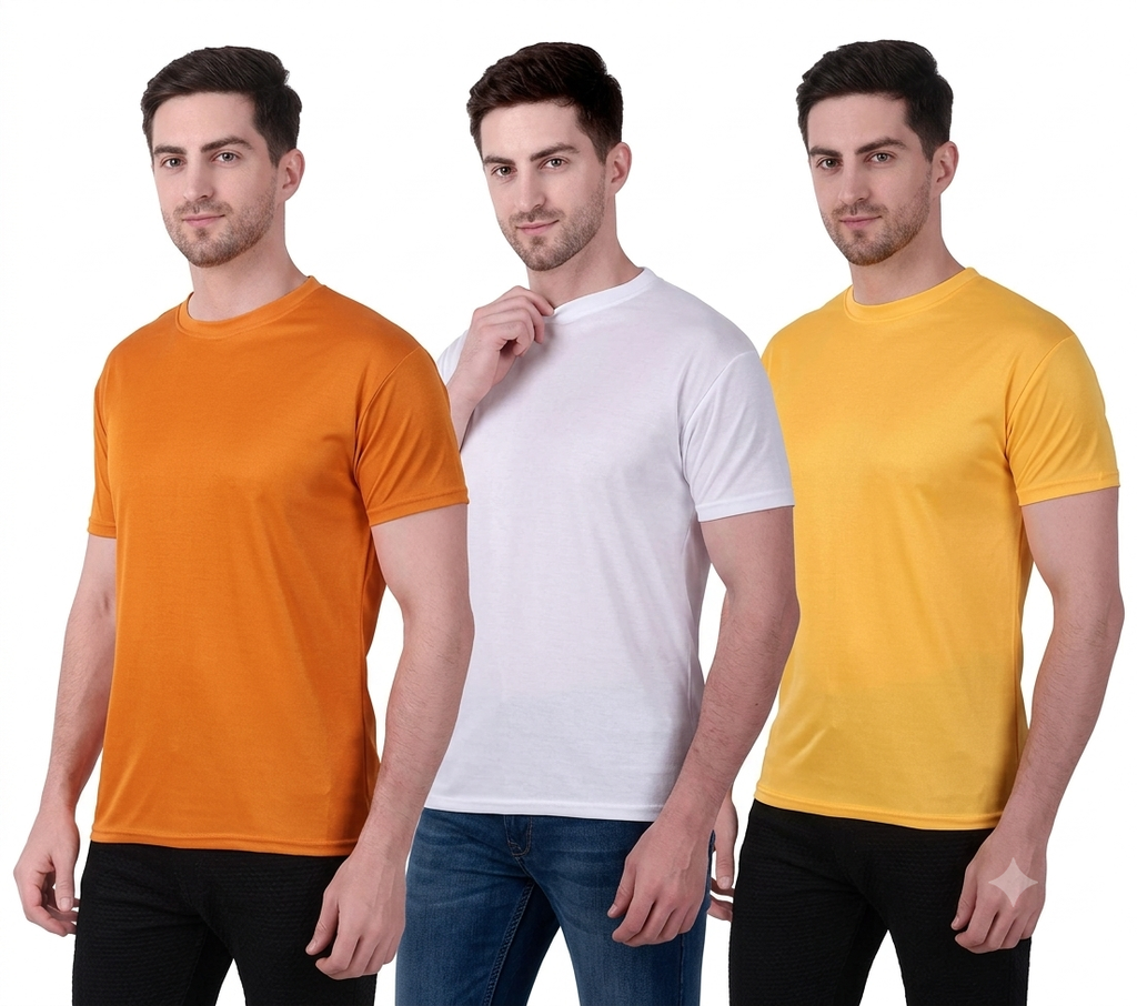 Men Solid Round Neck Half Sleeve T-Shirt Combo Pack of 3 (Yellow, White, Mustard ) 955927007