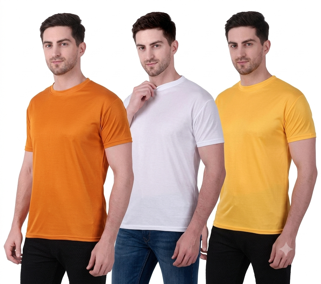 Men Solid Round Neck Half Sleeve T-Shirt Combo Pack of 3 (Yellow, White, Mustard ) 955927007