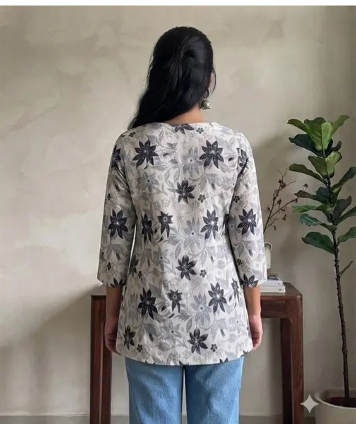 Short Kurti | Ethnic & Western Stylish Floral Printed Cotton Short Kurti for Women & Girls | Casual Daily Wear Tie-Up Neck 3/4 Sleeve Tunic Top for Jeans & Trouser.   1034402074